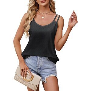 ZANZEA Tank Top for Women Strap Eyelet V Neck Casual Black Size Medium